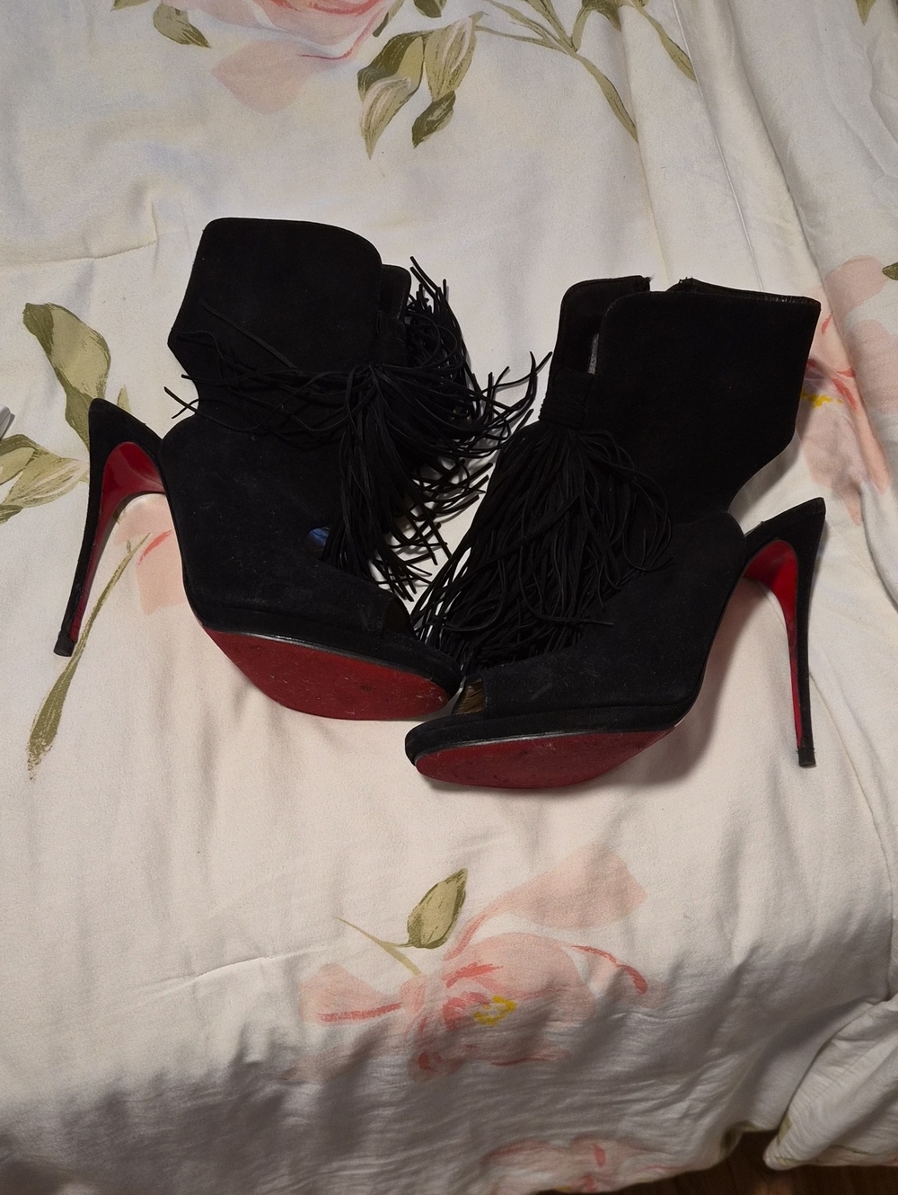 Christian Louboutin Black Suede Fringe Peep-Toe Stiletto Boots with Red Soles